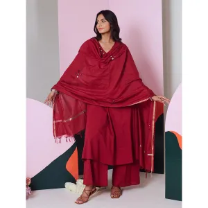 Gulaal Ajuni Maroon Mirror Embroidered Kurta Palazzo with Chanderi Dupatta (Set of 3)