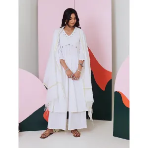 Gulaal Ajuni White Mirror Embroidered Kurta Palazzo with Chanderi Dupatta (Set of 3)
