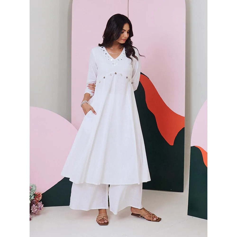 Gulaal Ajuni White Mirror Embroidered Kurta Palazzo with Chanderi Dupatta (Set of 3)