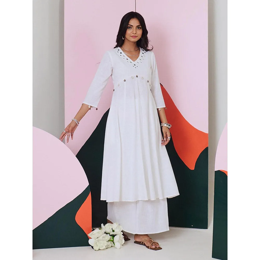 Gulaal Ajuni White Mirror Embroidered Kurta Palazzo with Chanderi Dupatta (Set of 3)