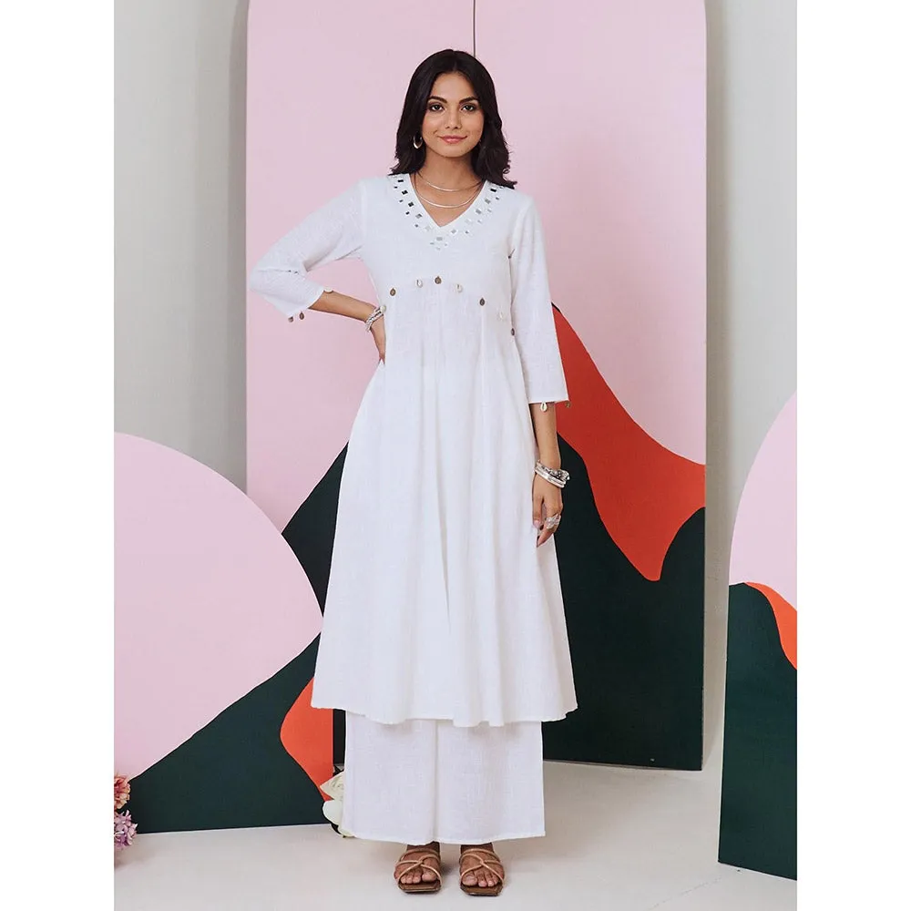 Gulaal Ajuni White Mirror Embroidered Kurta Palazzo with Chanderi Dupatta (Set of 3)
