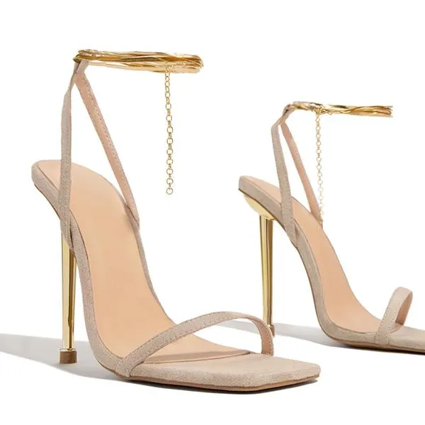 Herringbone Adjustable Ankle Chain Open Squared Toe Heels
