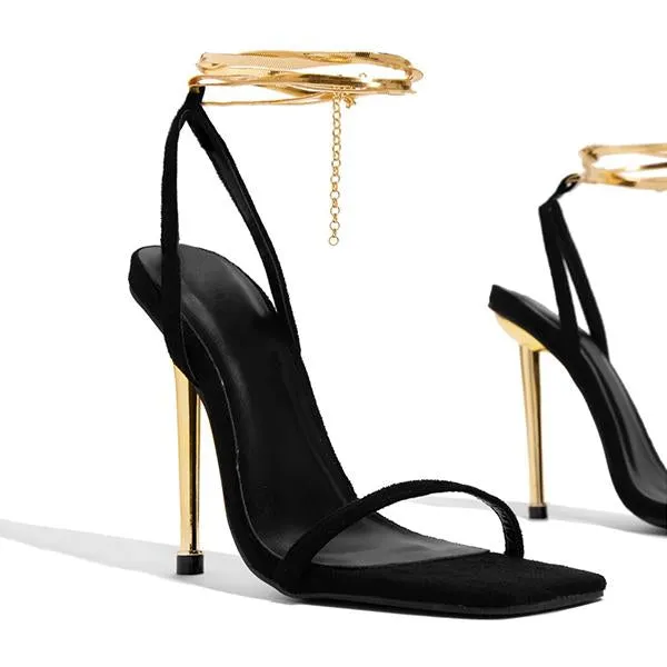 Herringbone Adjustable Ankle Chain Open Squared Toe Heels