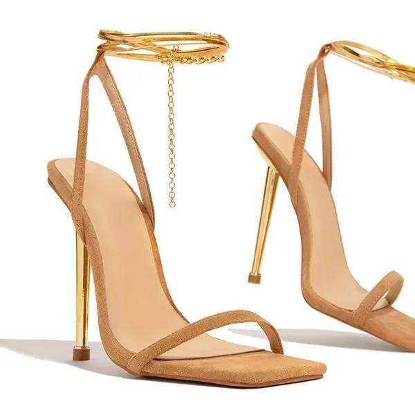 Herringbone Adjustable Ankle Chain Open Squared Toe Heels
