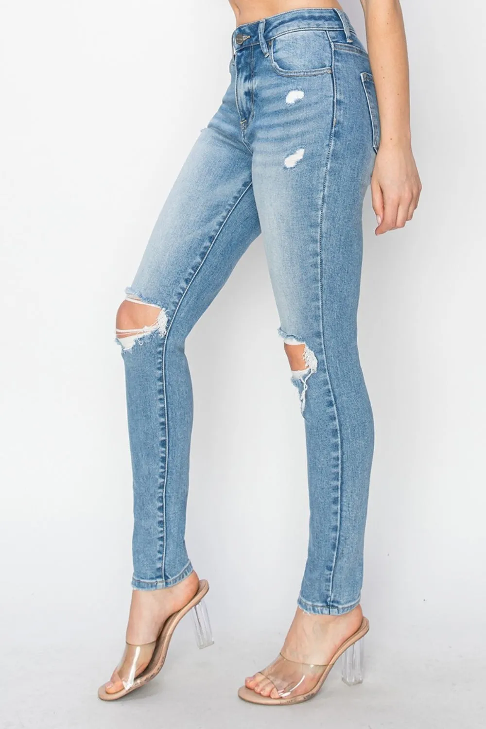 High Rise Knee Distressed Skinny Jeans- Regular and Plus Size