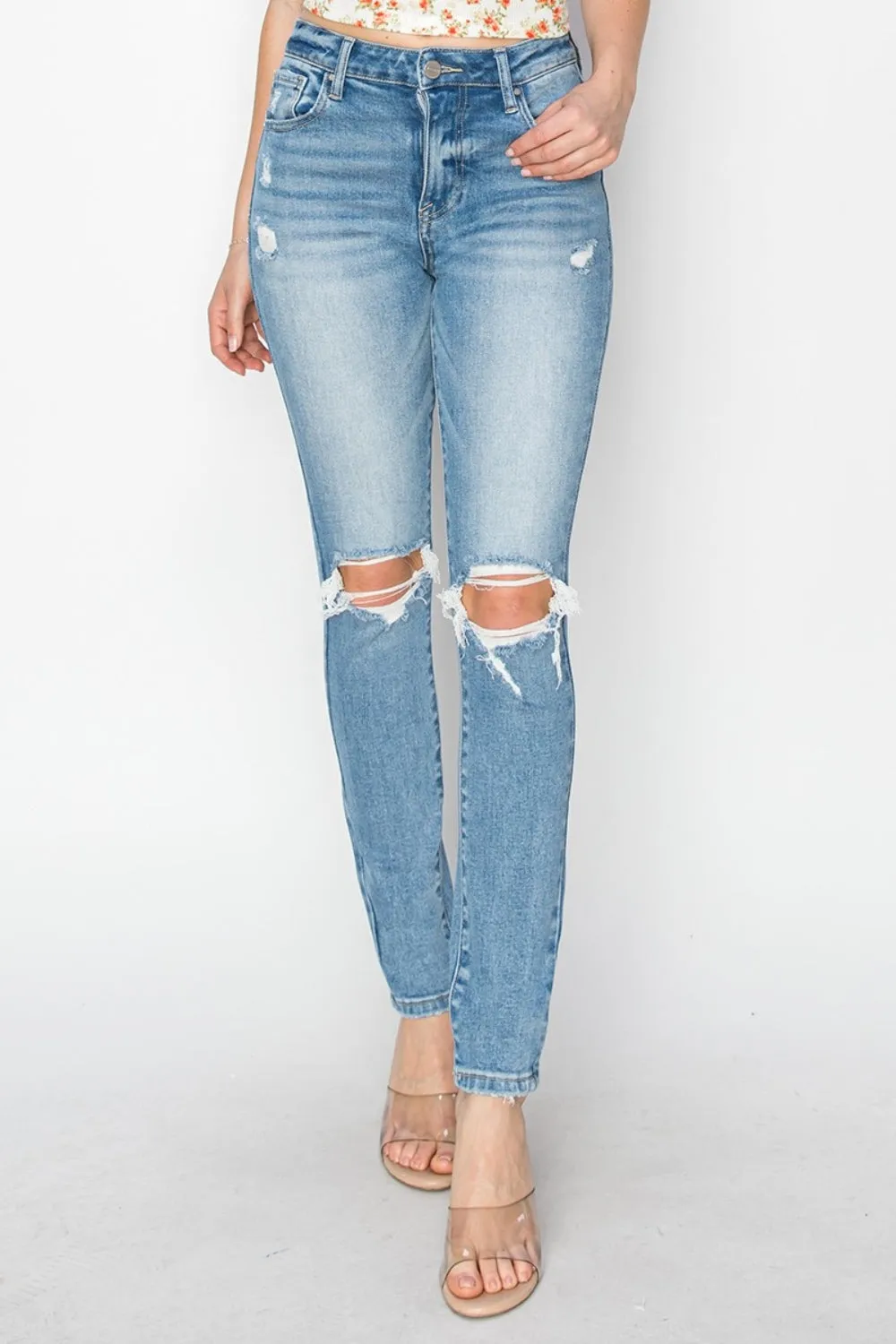 High Rise Knee Distressed Skinny Jeans- Regular and Plus Size