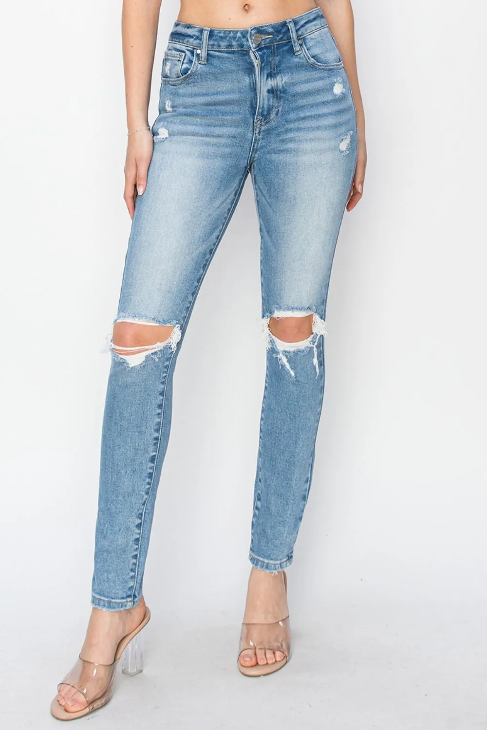 High Rise Knee Distressed Skinny Jeans- Regular and Plus Size