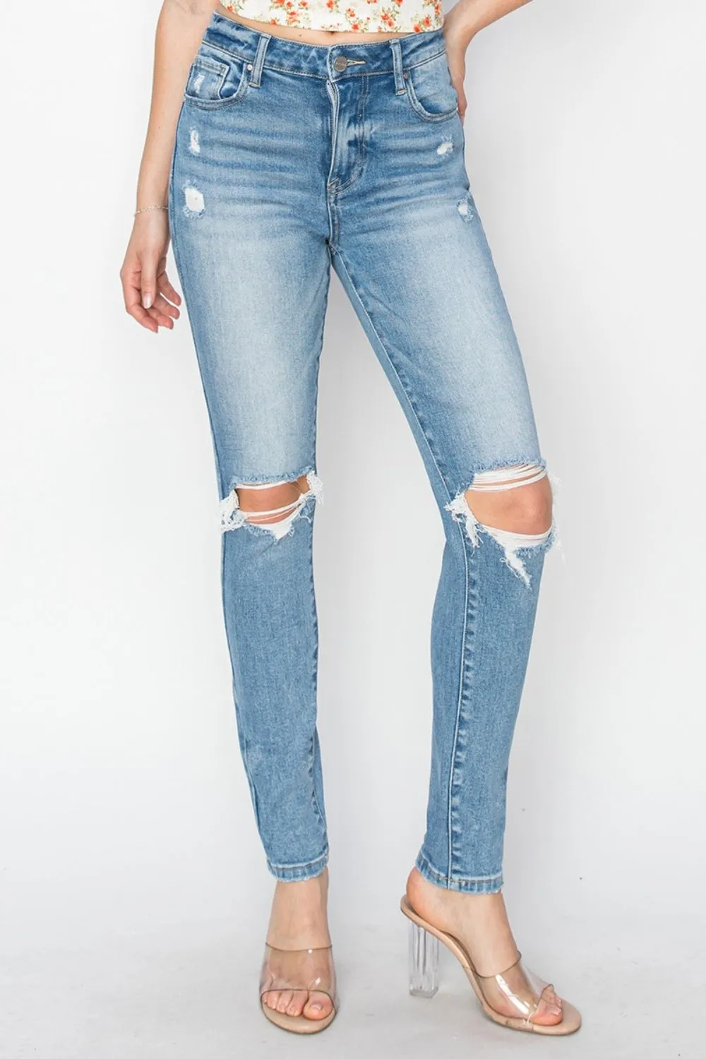 High Rise Knee Distressed Skinny Jeans- Regular and Plus Size