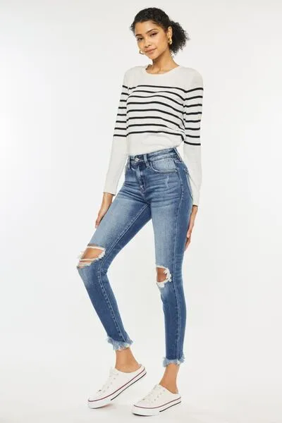 High Waist Distressed Raw Hem Ankle Skinny Jeans