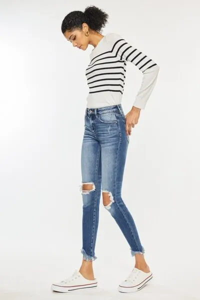 High Waist Distressed Raw Hem Ankle Skinny Jeans