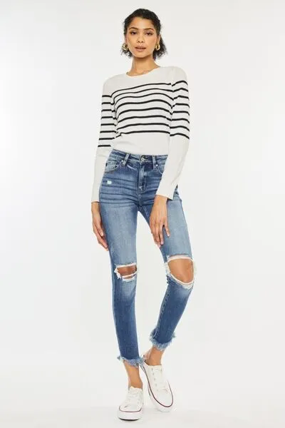 High Waist Distressed Raw Hem Ankle Skinny Jeans