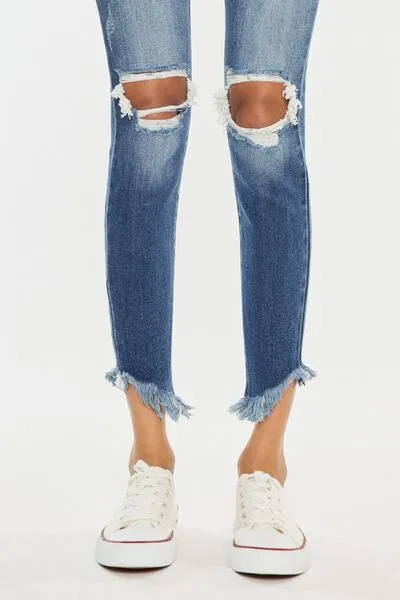 High Waist Distressed Raw Hem Ankle Skinny Jeans