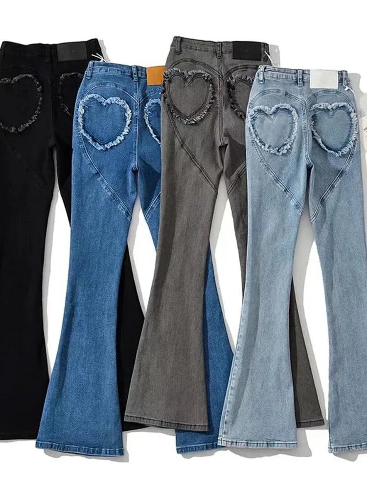 High Waist Peach Love Pocket Flare Jeans – Sexy Korean Denim Trousers for Women