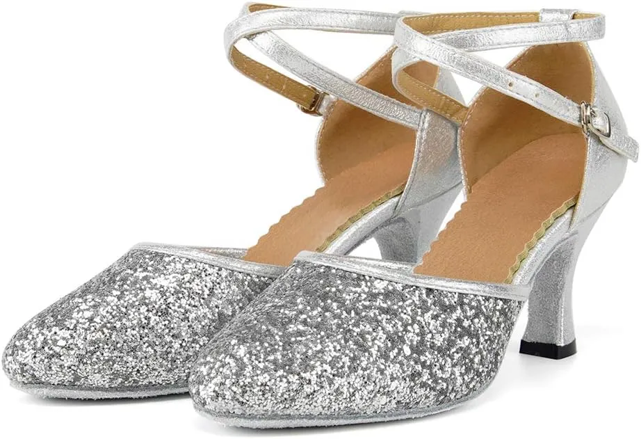 HIPPOSEUS Women's Closed Toe Latin Ballroom Dance Shoes Sequins Salsa Tango Scocial Practice Dancer Shoes,Model DY225