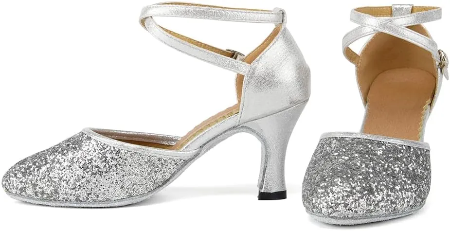 HIPPOSEUS Women's Closed Toe Latin Ballroom Dance Shoes Sequins Salsa Tango Scocial Practice Dancer Shoes,Model DY225