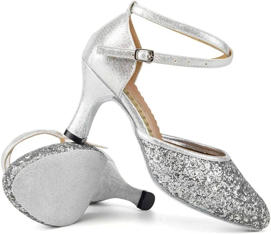 HIPPOSEUS Women's Closed Toe Latin Ballroom Dance Shoes Sequins Salsa Tango Scocial Practice Dancer Shoes,Model DY225