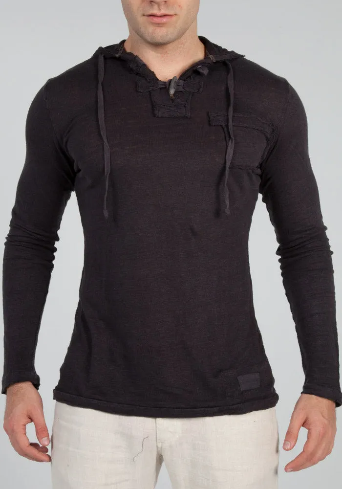 Jersey Linen Long Sleeve Hoodie With Pocket & Wooden Fasteners