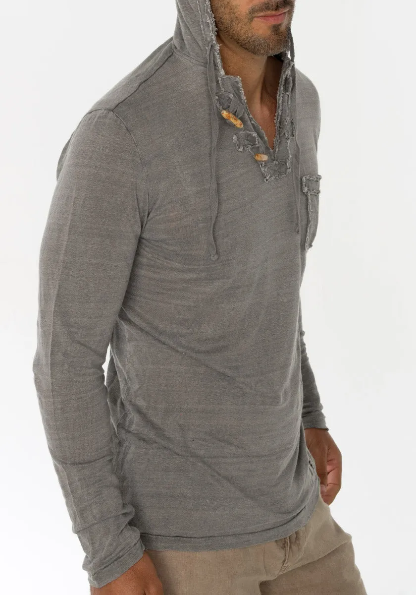Jersey Linen Long Sleeve Hoodie With Pocket & Wooden Fasteners