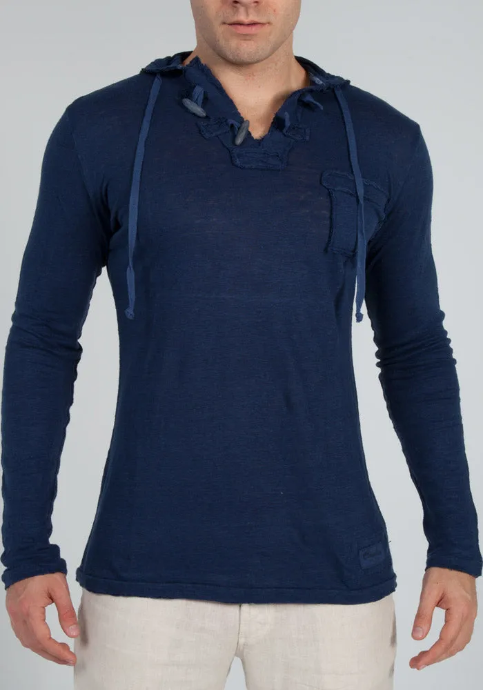 Jersey Linen Long Sleeve Hoodie With Pocket & Wooden Fasteners