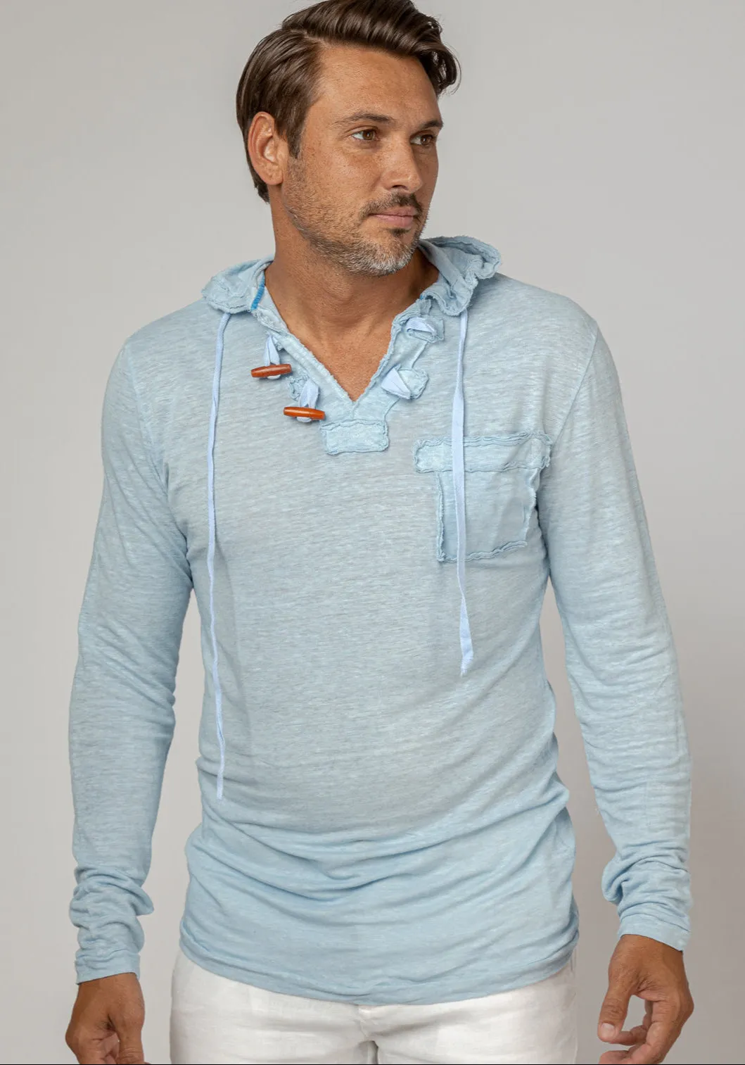 Jersey Linen Long Sleeve Hoodie With Pocket & Wooden Fasteners