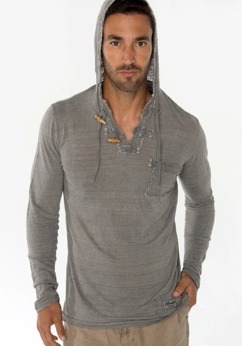 Jersey Linen Long Sleeve Hoodie With Pocket & Wooden Fasteners