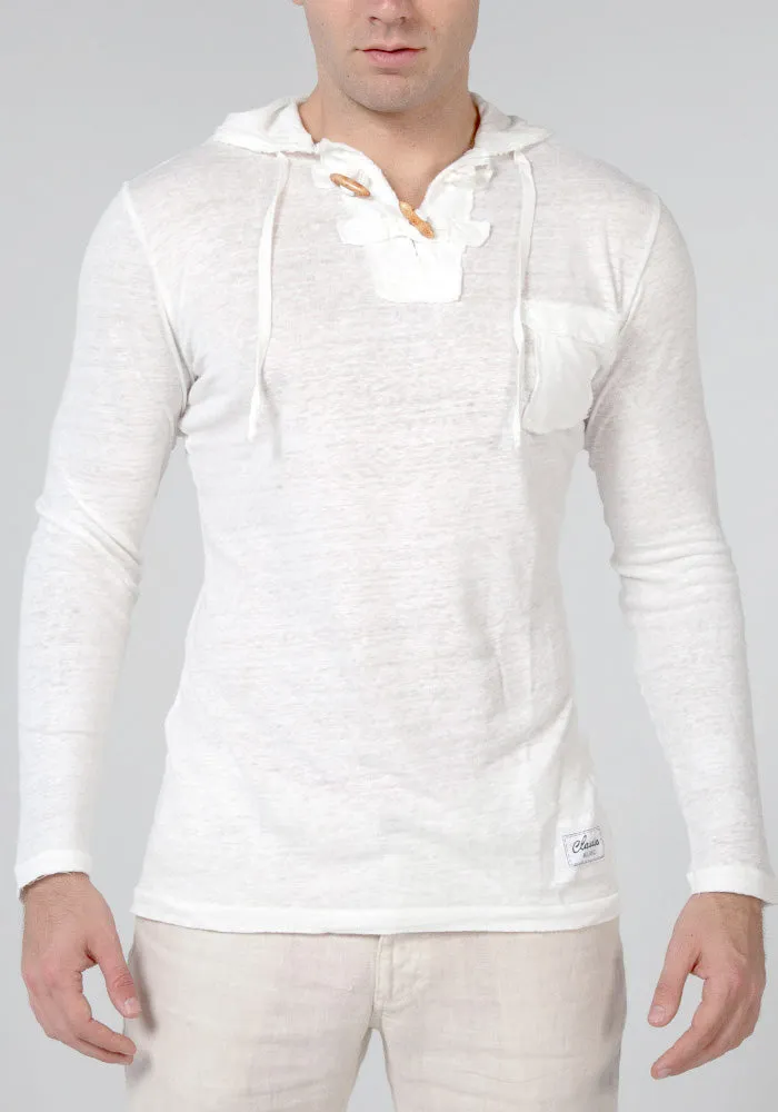 Jersey Linen Long Sleeve Hoodie With Pocket & Wooden Fasteners