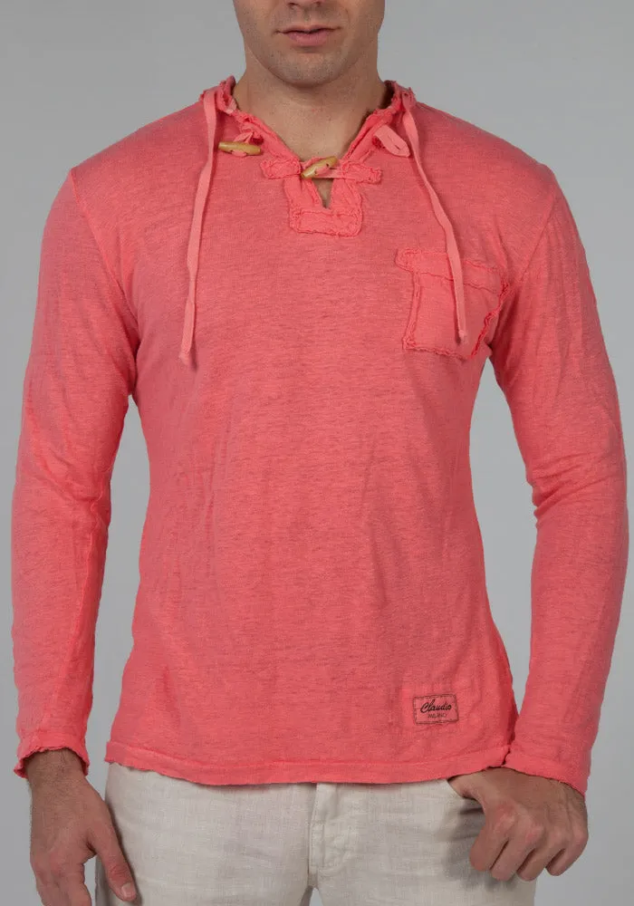 Jersey Linen Long Sleeve Hoodie With Pocket & Wooden Fasteners