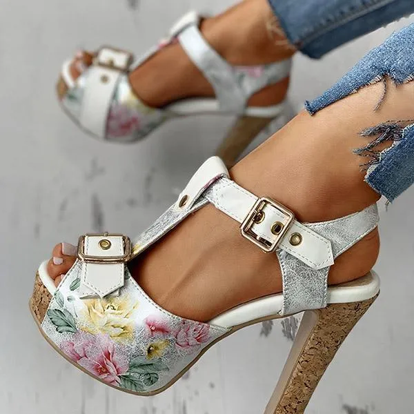 Kimemoda Flower Print Peep Toe Platform Sandals T Strap Ankle Buckle Slingback Chunky Heels