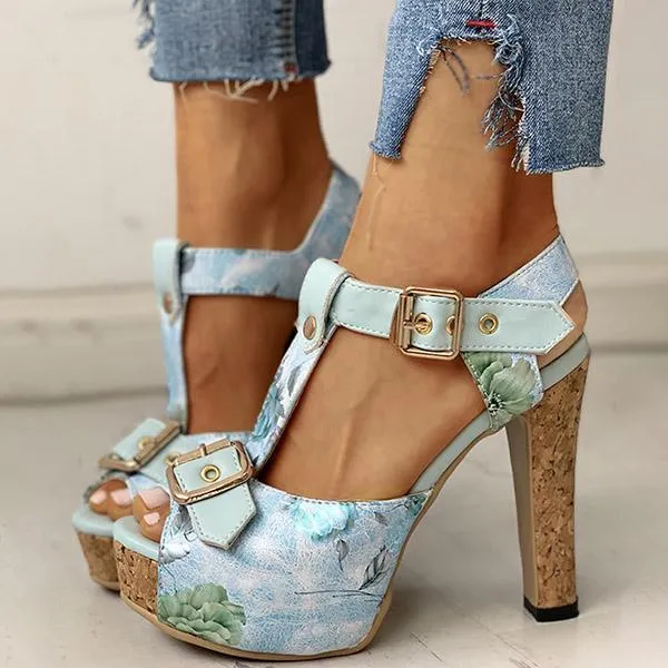 Kimemoda Flower Print Peep Toe Platform Sandals T Strap Ankle Buckle Slingback Chunky Heels