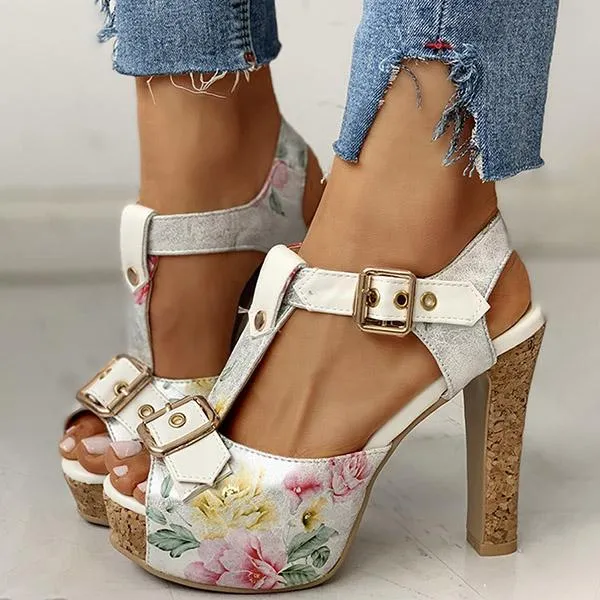 Kimemoda Flower Print Peep Toe Platform Sandals T Strap Ankle Buckle Slingback Chunky Heels