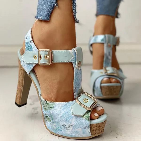Kimemoda Flower Print Peep Toe Platform Sandals T Strap Ankle Buckle Slingback Chunky Heels