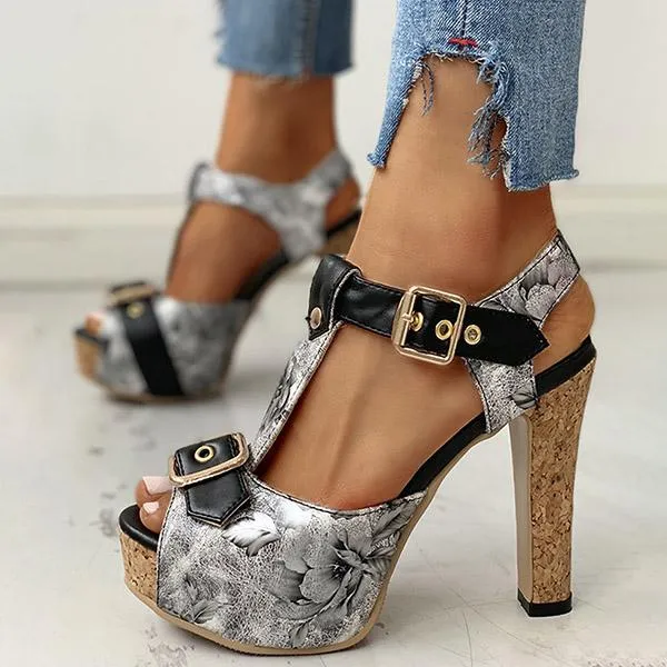 Kimemoda Flower Print Peep Toe Platform Sandals T Strap Ankle Buckle Slingback Chunky Heels