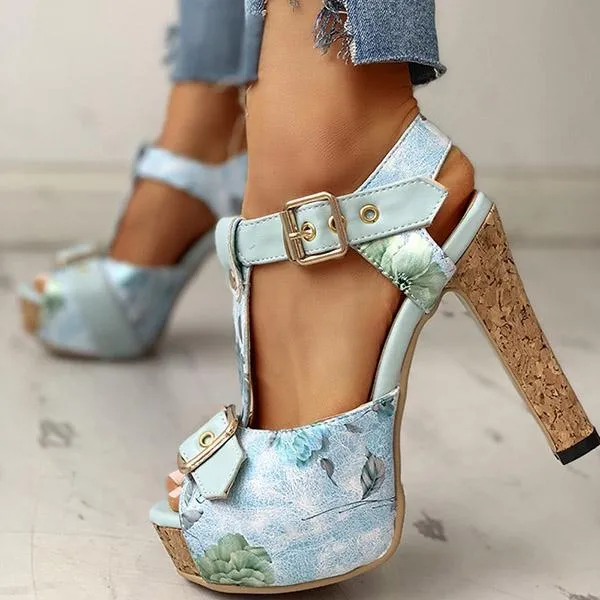 Kimemoda Flower Print Peep Toe Platform Sandals T Strap Ankle Buckle Slingback Chunky Heels