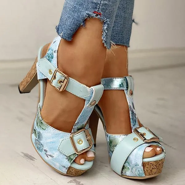 Kimemoda Flower Print Peep Toe Platform Sandals T Strap Ankle Buckle Slingback Chunky Heels