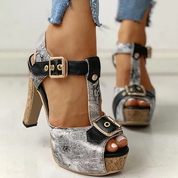 Kimemoda Flower Print Peep Toe Platform Sandals T Strap Ankle Buckle Slingback Chunky Heels