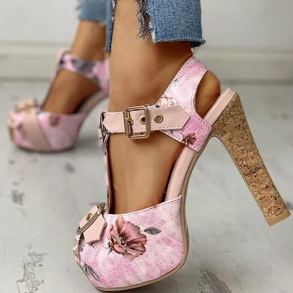 Kimemoda Flower Print Peep Toe Platform Sandals T Strap Ankle Buckle Slingback Chunky Heels