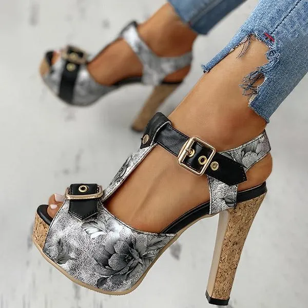Kimemoda Flower Print Peep Toe Platform Sandals T Strap Ankle Buckle Slingback Chunky Heels