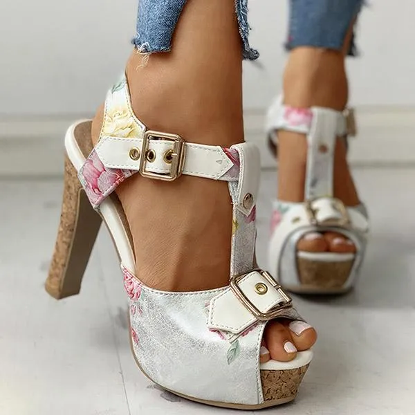 Kimemoda Flower Print Peep Toe Platform Sandals T Strap Ankle Buckle Slingback Chunky Heels