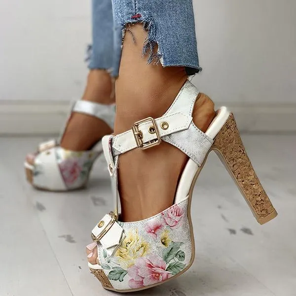 Kimemoda Flower Print Peep Toe Platform Sandals T Strap Ankle Buckle Slingback Chunky Heels