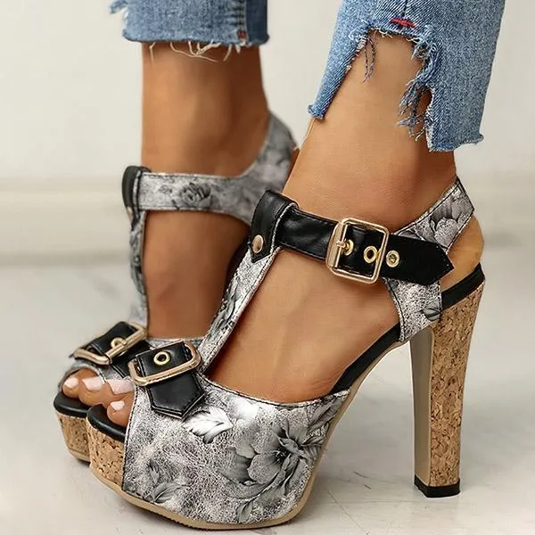 Kimemoda Flower Print Peep Toe Platform Sandals T Strap Ankle Buckle Slingback Chunky Heels