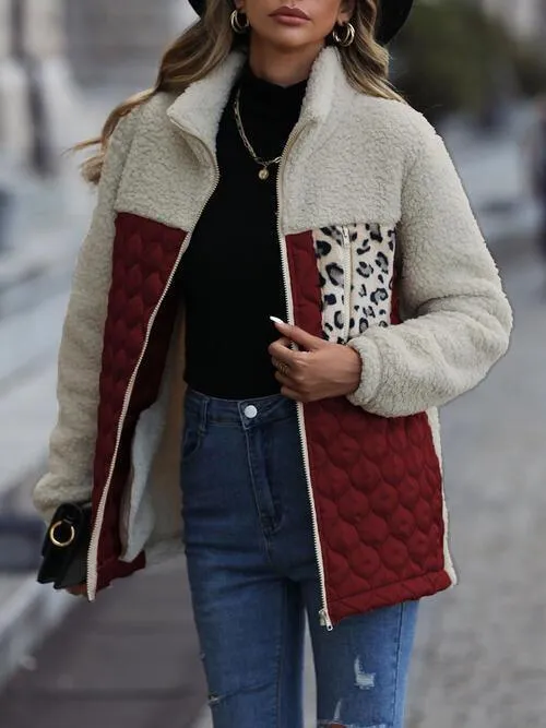 Leopard Patch Zip Up Fleece Jacket