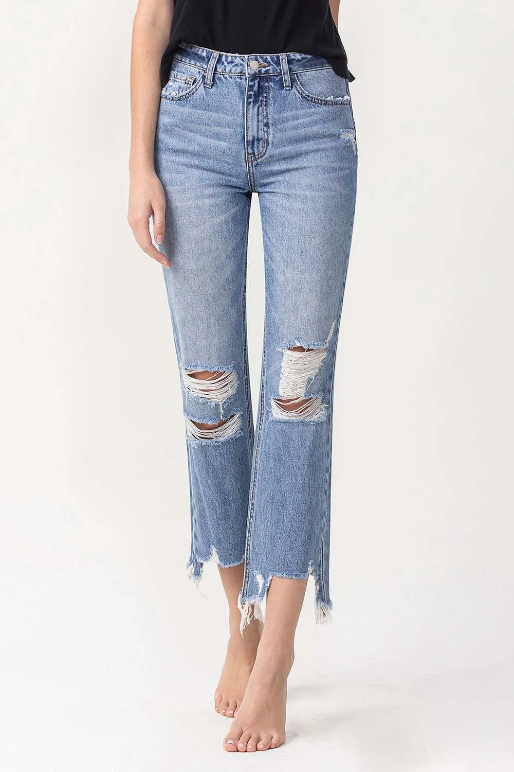 Lovervet High Waisted Distressed Chewed Raw Hem Blue Denim Straight Leg Jeans