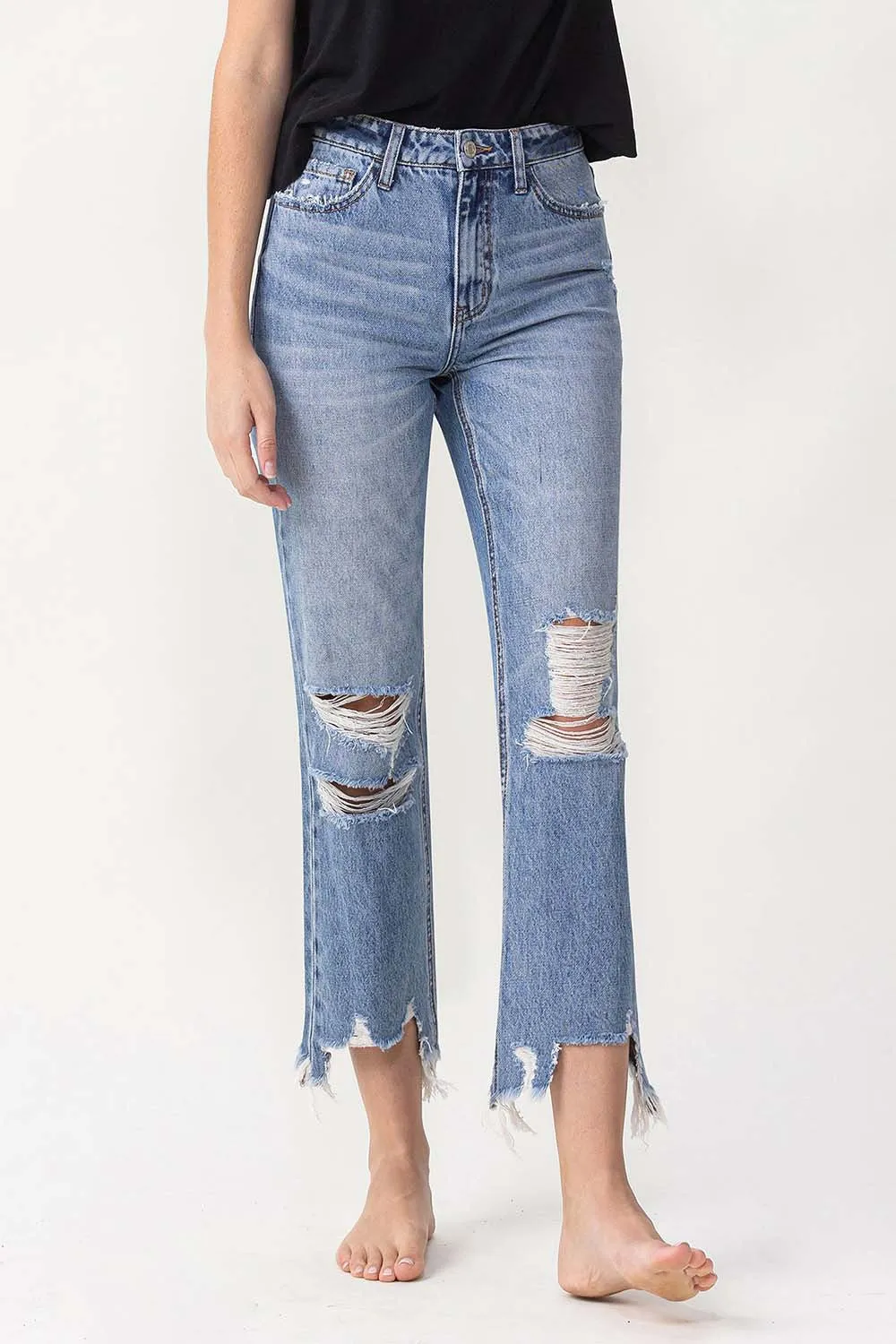 Lovervet High Waisted Distressed Chewed Raw Hem Blue Denim Straight Leg Jeans