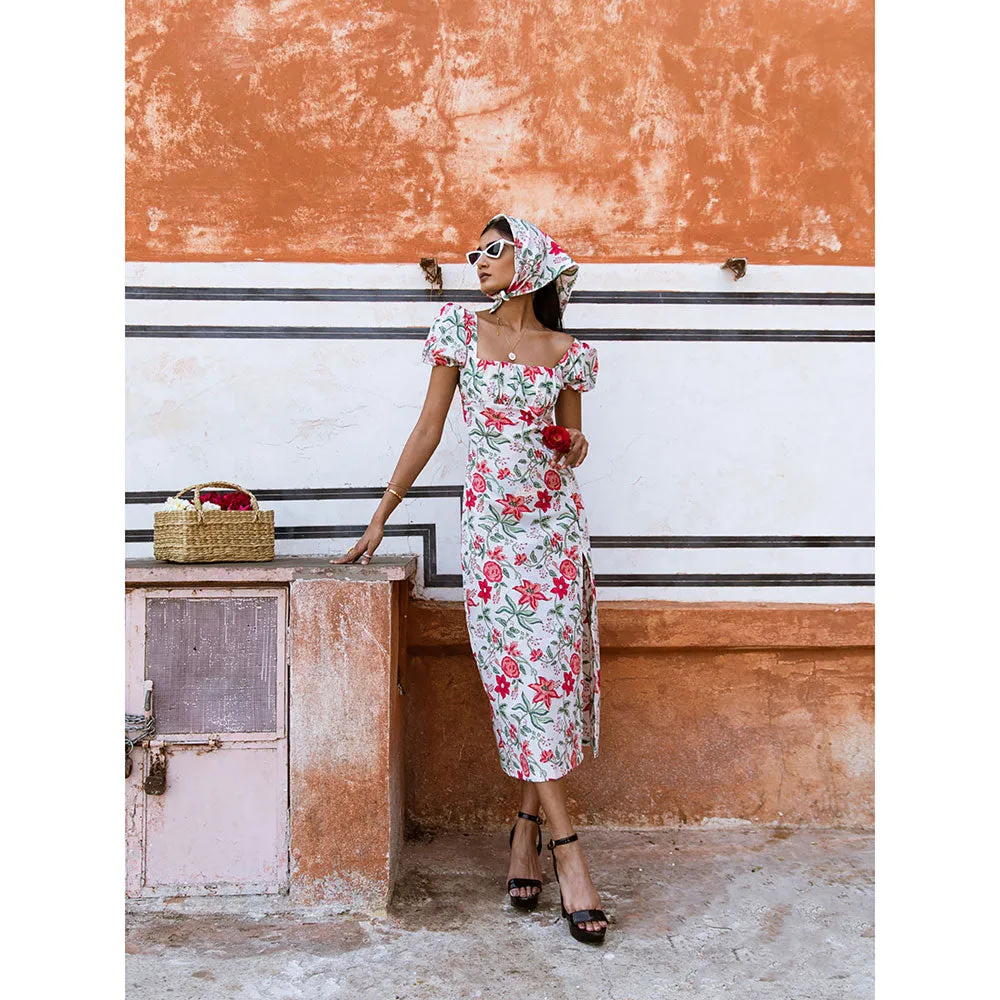 MARCHE Raspberry & Rose White Printed Cotton Midi Dress