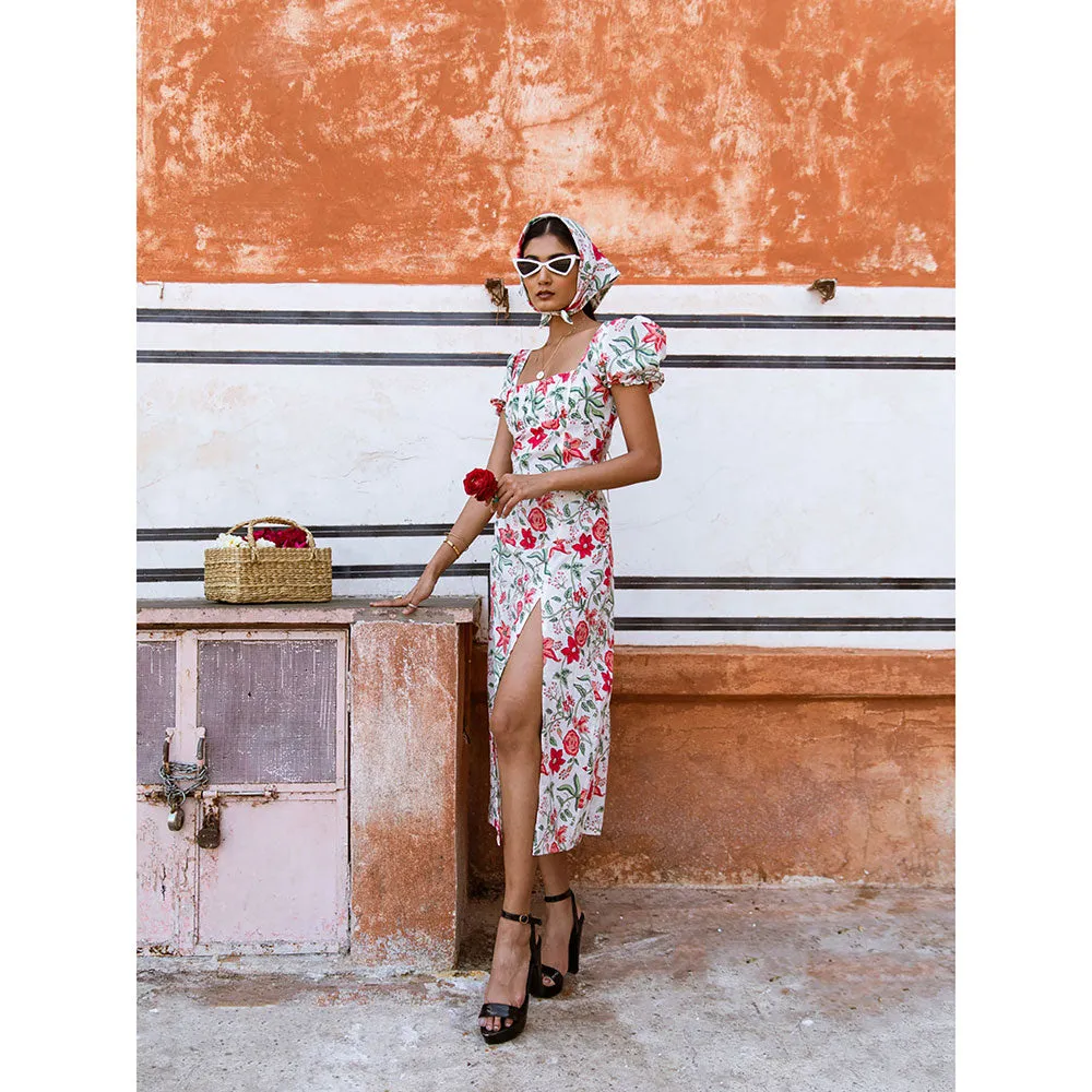 MARCHE Raspberry & Rose White Printed Cotton Midi Dress