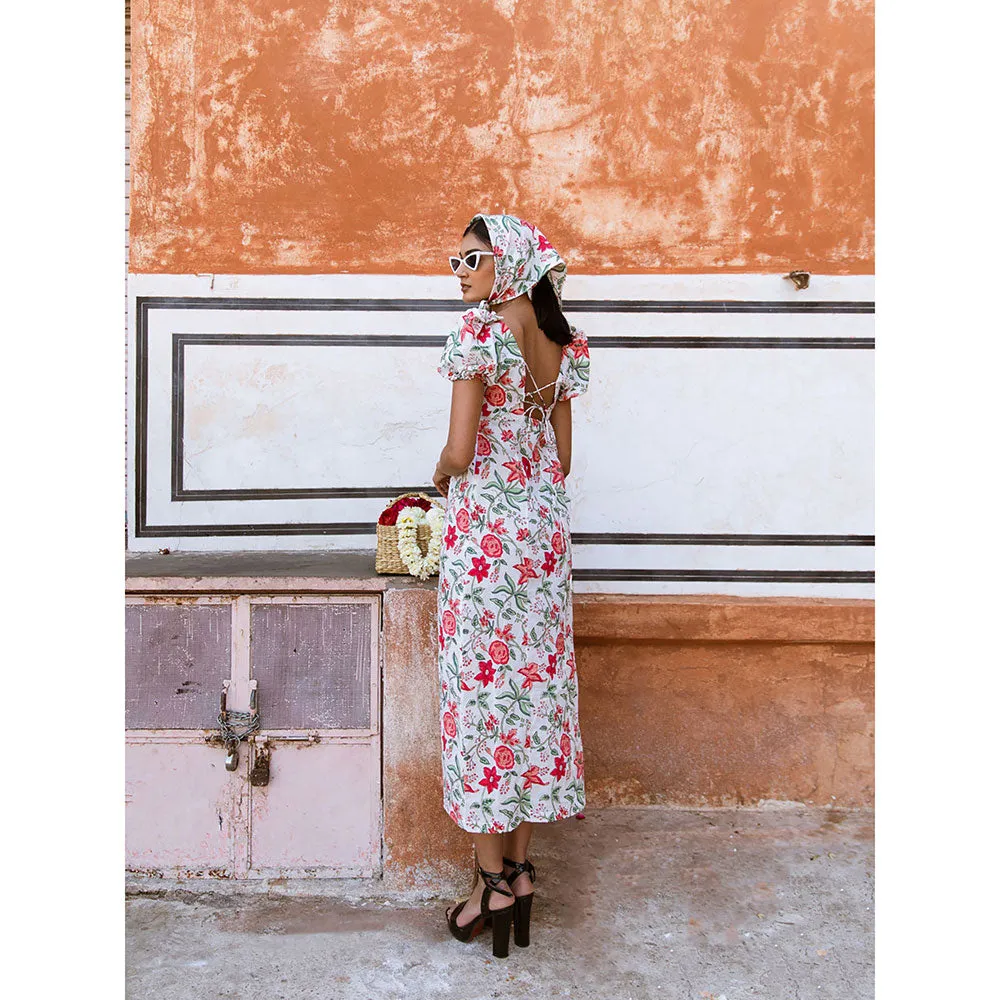 MARCHE Raspberry & Rose White Printed Cotton Midi Dress