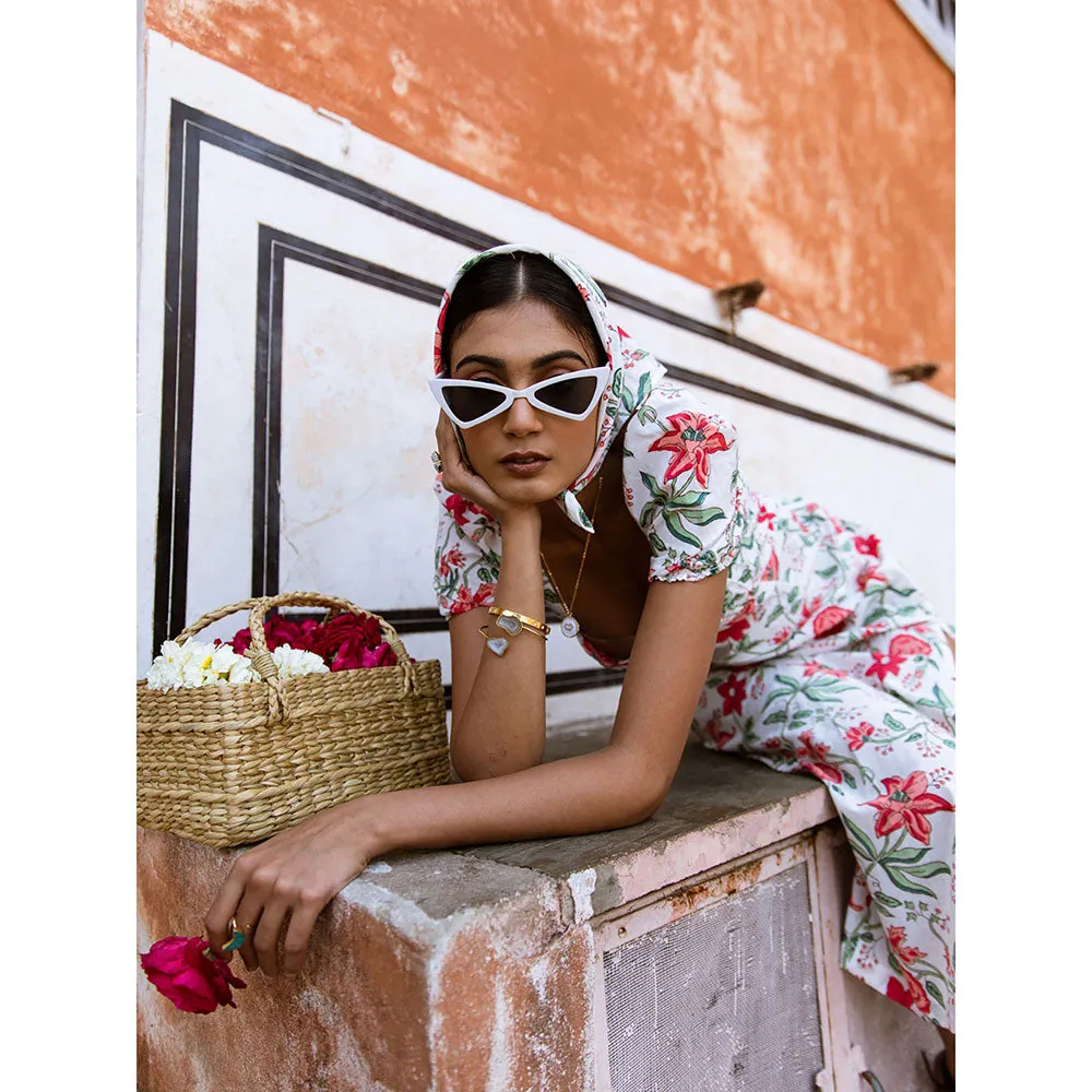 MARCHE Raspberry & Rose White Printed Cotton Midi Dress