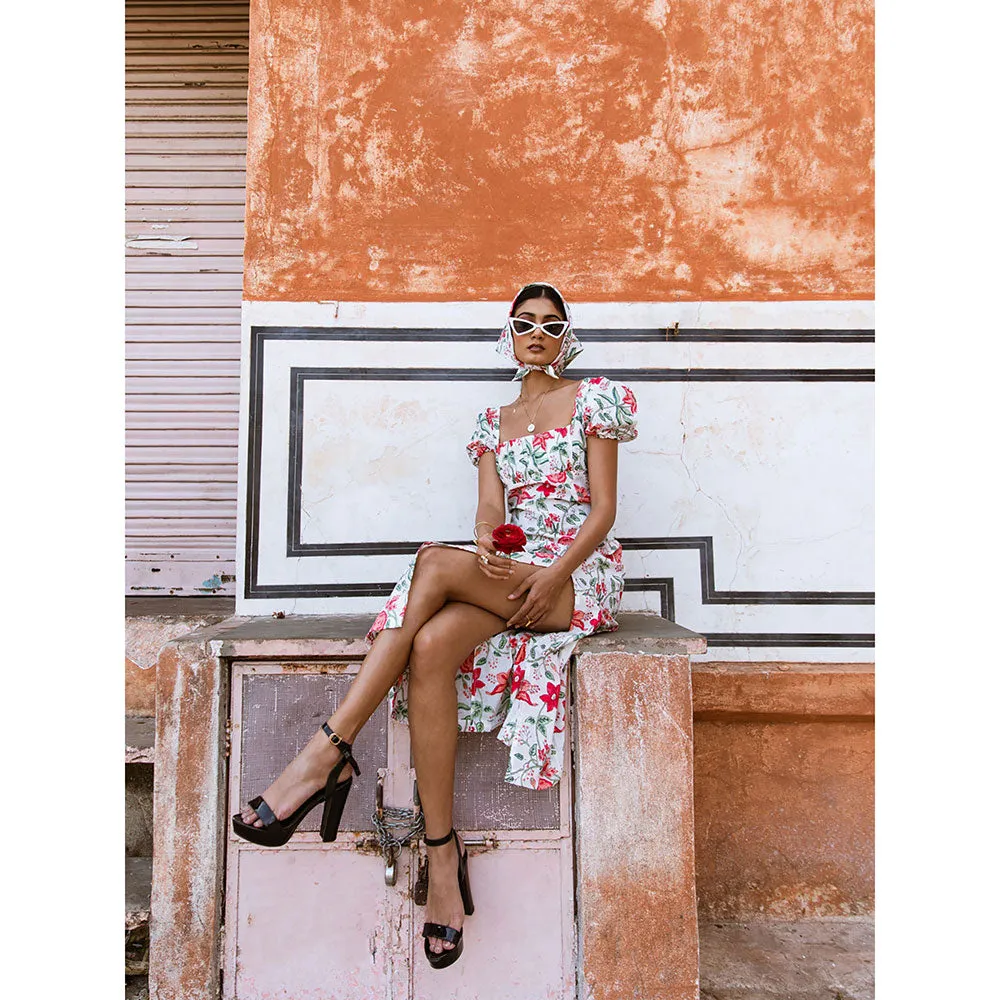 MARCHE Raspberry & Rose White Printed Cotton Midi Dress