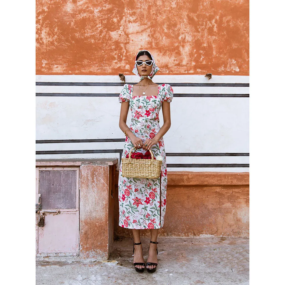 MARCHE Raspberry & Rose White Printed Cotton Midi Dress