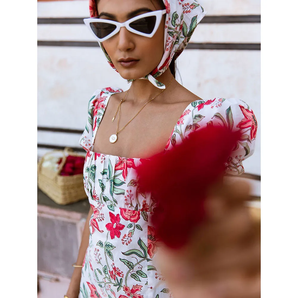 MARCHE Raspberry & Rose White Printed Cotton Midi Dress